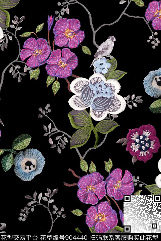 花卉绣花贴布数码印花华亿平台下载（图片编号: 904440） - 瓦栏（Walan）