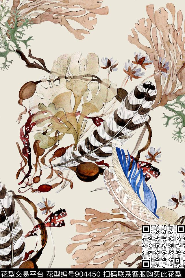 珊瑚羽毛树枝数码印花华亿平台下载（图片编号: 904450） - 瓦栏（Walan）