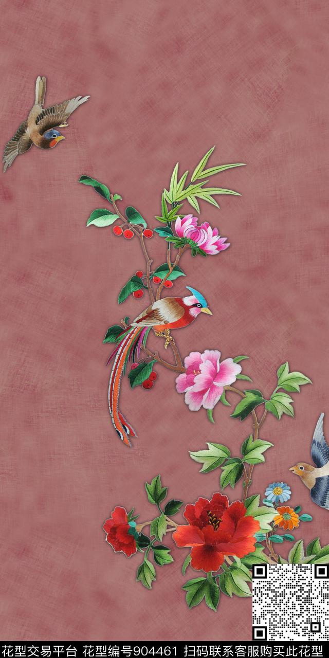绣花中国风花鸟数码印花华亿平台下载（图片编号: 904461） - 瓦栏（Walan）