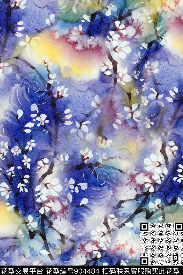 花卉中国风手绘花卉数码印花华亿平台下载（图片编号: 904484） - 瓦栏（Walan）