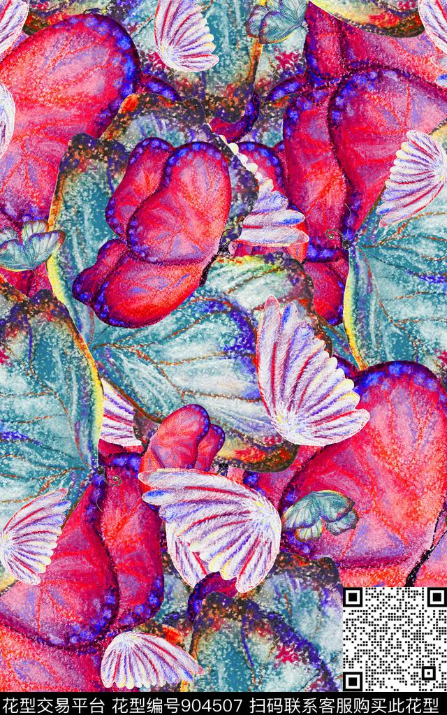 蝴蝶水彩花卉水彩斑驳数码印花华亿平台下载（图片编号: 904507） - 瓦栏（Walan）