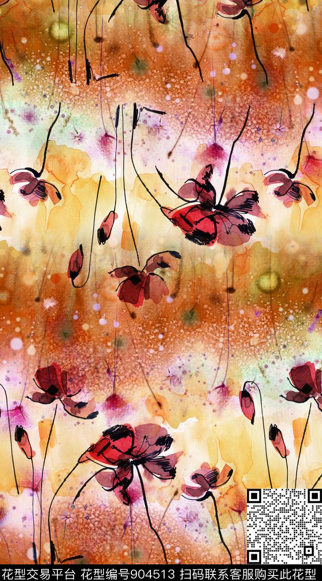 线条花卉水彩花卉渐变数码印花华亿平台下载（图片编号: 904513） - 瓦栏（Walan）