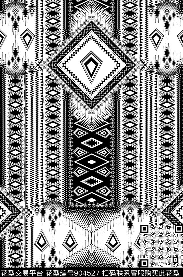 波西米亚黑白花纹数码印花华亿平台下载（图片编号: 904527） - 瓦栏（Walan）