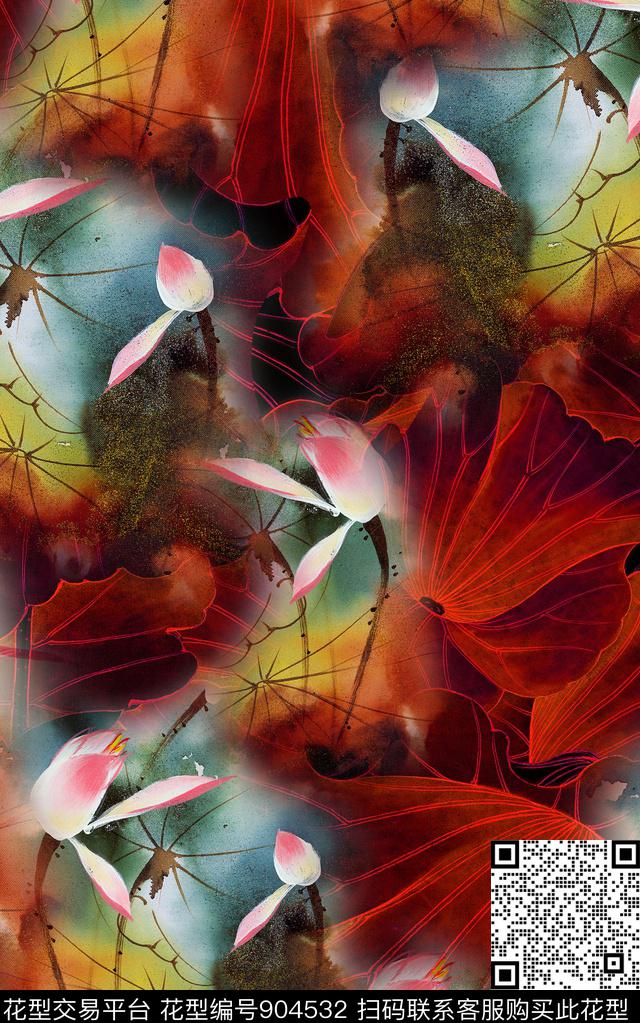荷花中国风水墨风数码印花华亿平台下载（图片编号: 904532） - 瓦栏（Walan）