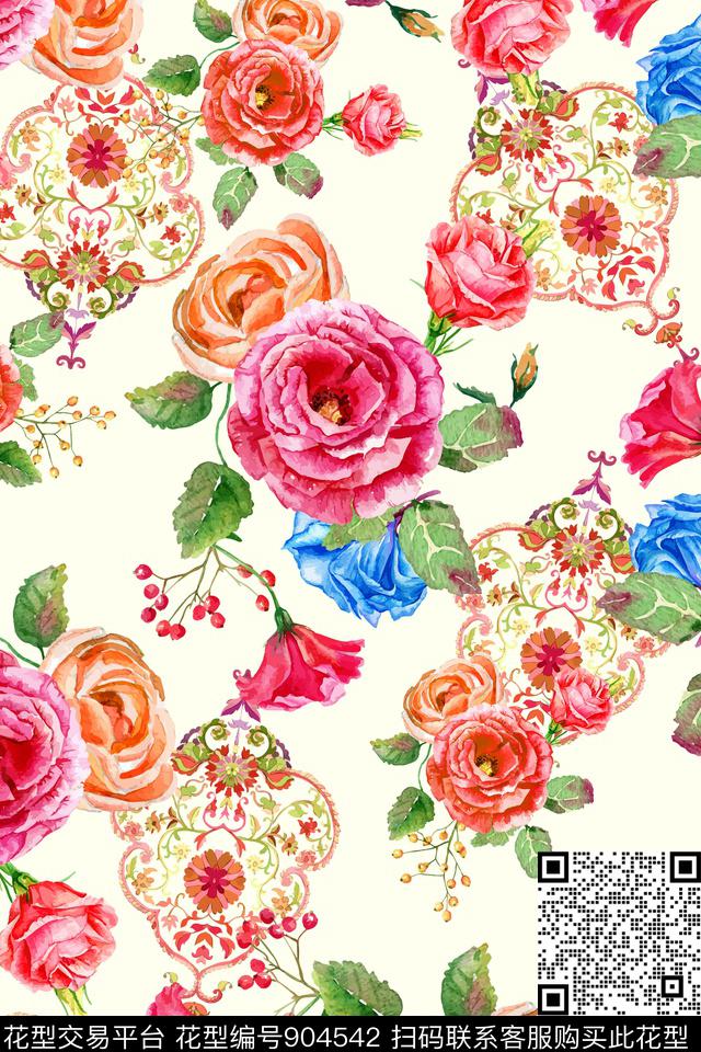 清爽底色花简约水彩花卉数码印花华亿平台下载（图片编号: 904542） - 瓦栏（Walan）