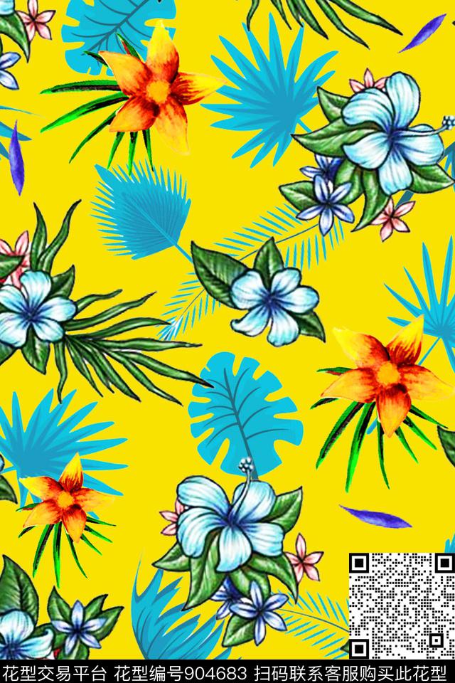 手绘棕榈树叶热带花卉数码印花华亿平台下载（图片编号: 904683） - 瓦栏（Walan）