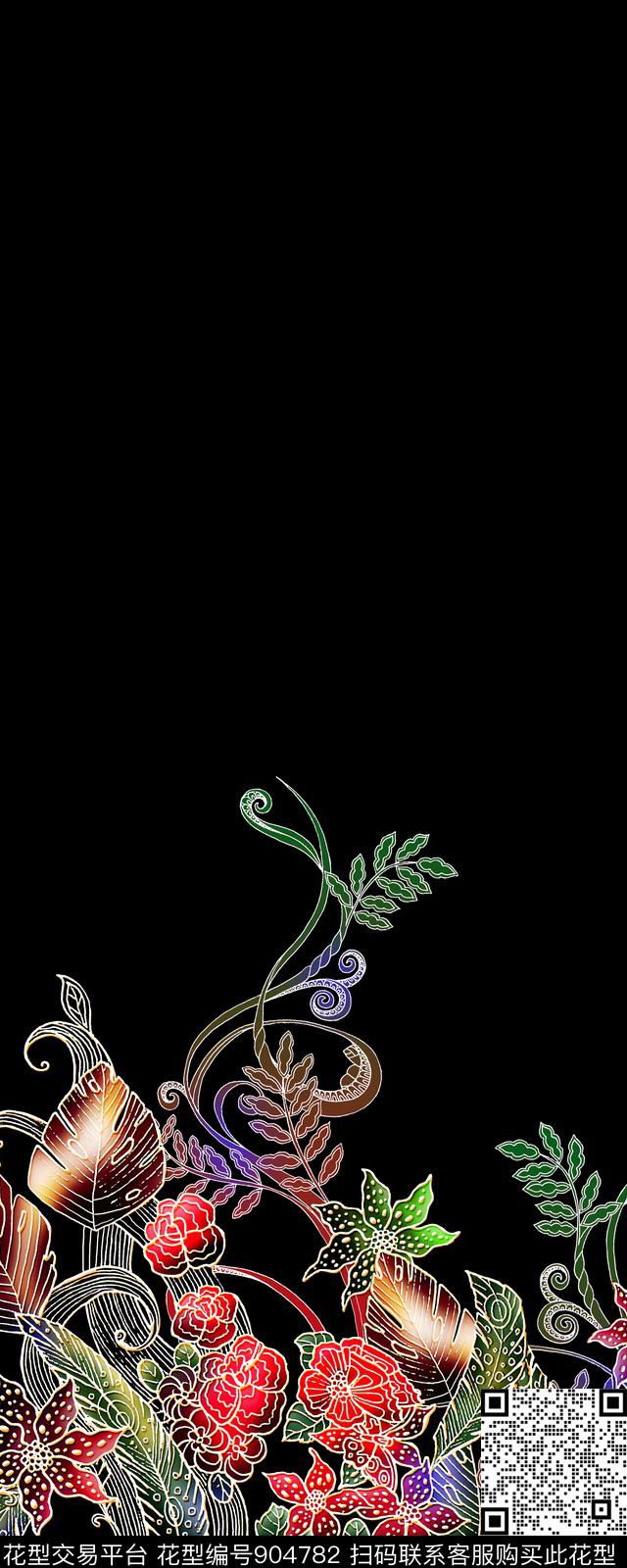 线条几何花卉数码印花华亿平台下载（图片编号: 904782） - 瓦栏（Walan）