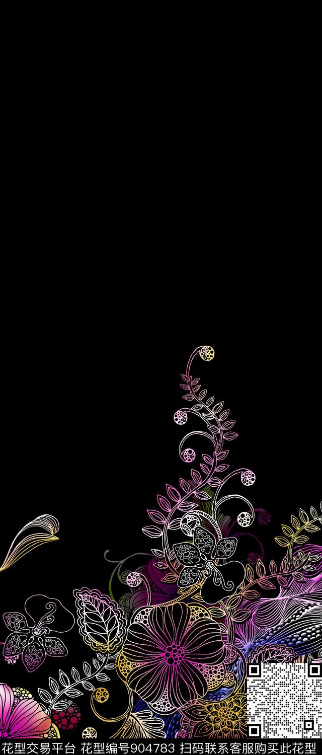 线条几何花卉数码印花华亿平台下载（图片编号: 904783） - 瓦栏（Walan）