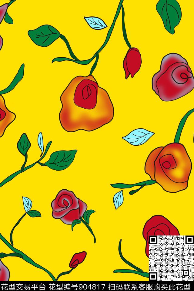 2018春夏彩底花卉抽象玫瑰夏日花卉传统印花华亿平台下载（图片编号: 904817） - 瓦栏（Walan）