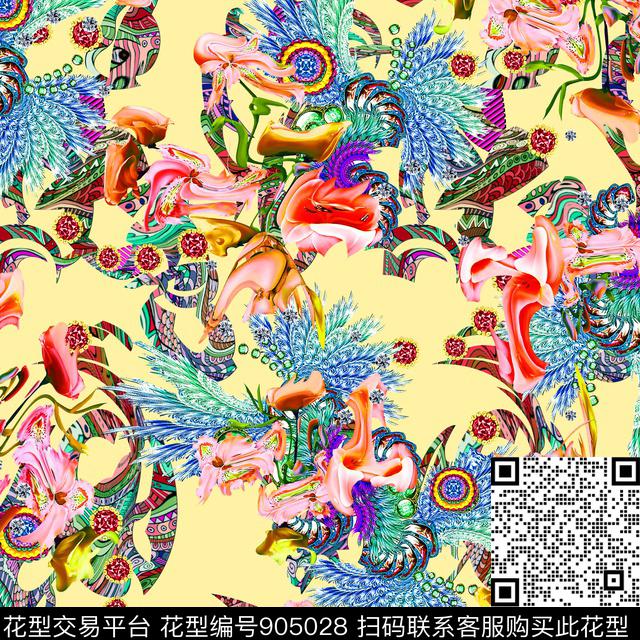 几何抽象羽毛数码印花华亿平台下载（图片编号: 905028） - 瓦栏（Walan）