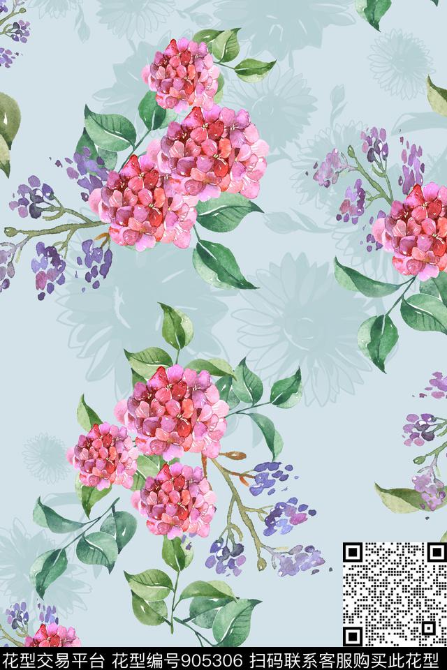 绣球花水彩花卉一花多色数码印花华亿平台下载（图片编号: 905306） - 瓦栏（Walan）