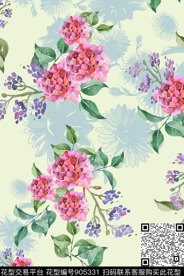 绣球花水彩花卉一花多色数码印花华亿平台下载（图片编号: 905331） - 瓦栏（Walan）