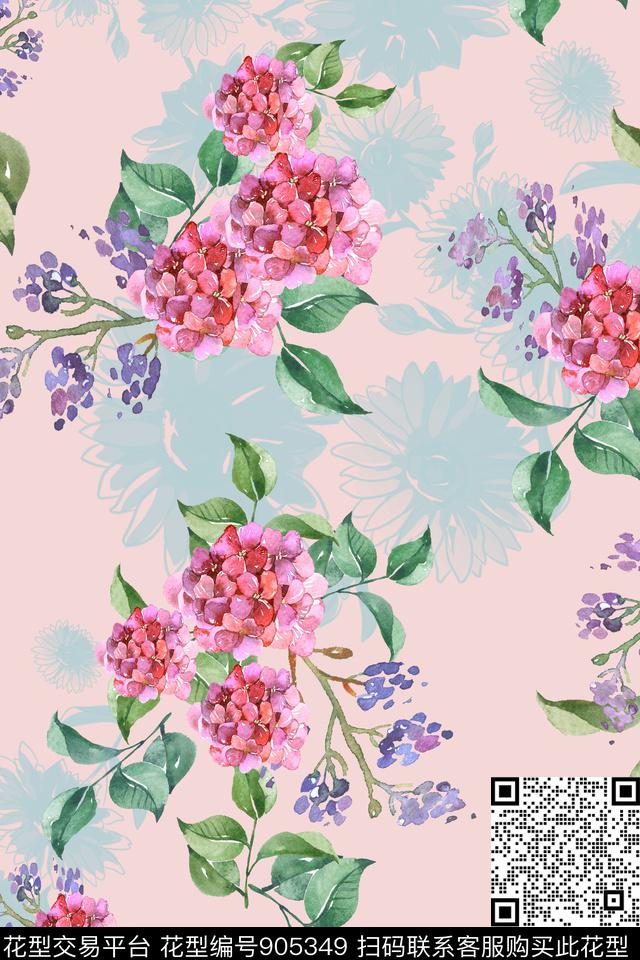 绣球花水彩花卉一花多色数码印花华亿平台下载（图片编号: 905349） - 瓦栏（Walan）