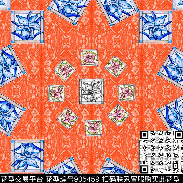 格子风格化花卉丝巾围巾秀场数码印花华亿平台下载（图片编号: 905459） - 瓦栏（Walan）