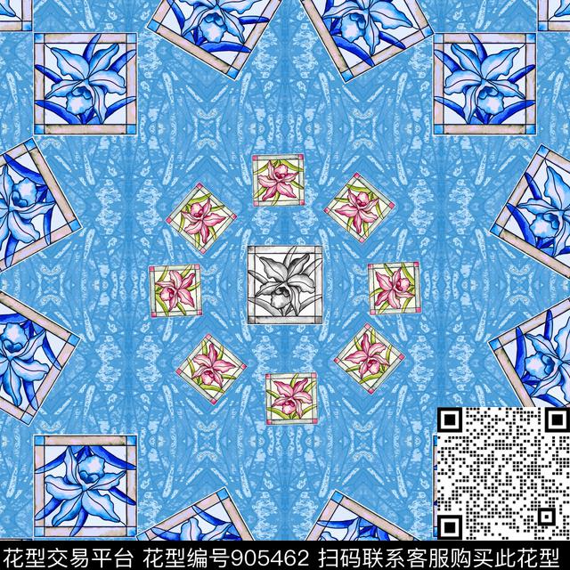 格子风格化花卉丝巾围巾秀场数码印花华亿平台下载（图片编号: 905462） - 瓦栏（Walan）