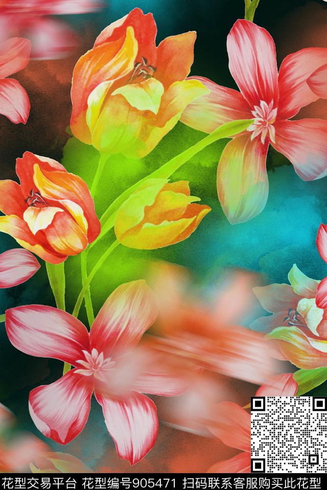 花卉手绘花卉郁金香数码印花华亿平台下载（图片编号: 905471） - 瓦栏（Walan）