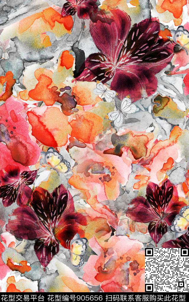 花卉水彩花卉大花数码印花华亿平台下载（图片编号: 905656） - 瓦栏（Walan）
