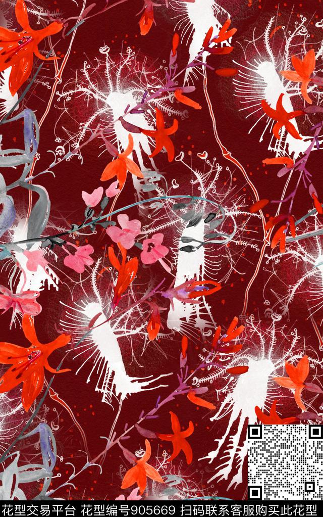线条花卉花卉小碎花数码印花华亿平台下载（图片编号: 905669） - 瓦栏（Walan）
