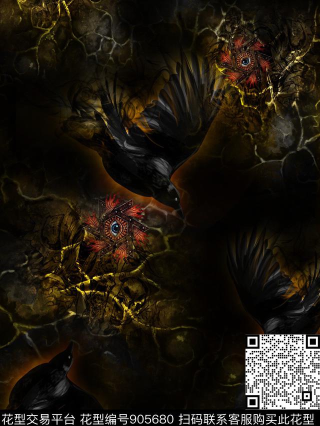 鸟豹纹黑底花数码印花华亿平台下载（图片编号: 905680） - 瓦栏（Walan）