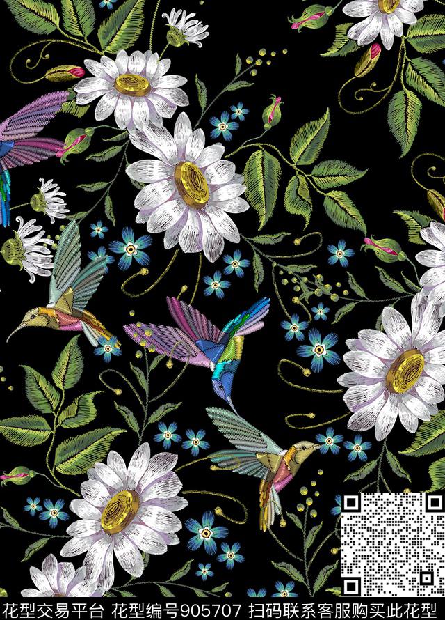 线条花卉插画绣花数码印花华亿平台下载（图片编号: 905707） - 瓦栏（Walan）