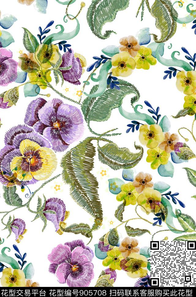 线条花卉插画绣花数码印花华亿平台下载（图片编号: 905708） - 瓦栏（Walan）