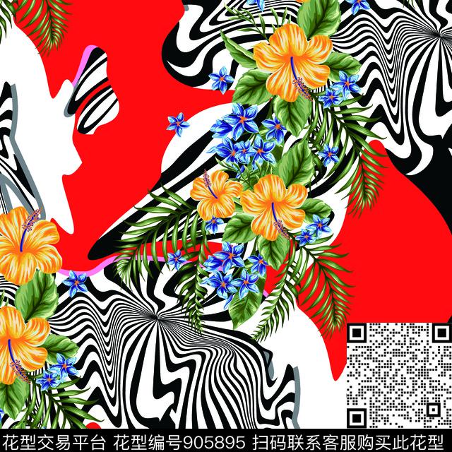 彩底花卉大牌风几何数码印花华亿平台下载（图片编号: 905895） - 瓦栏（Walan）