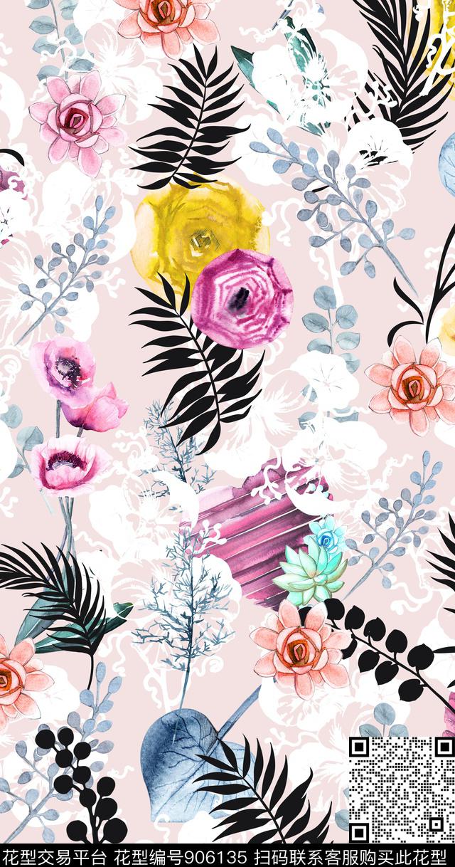 大牌风花卉绿植树叶数码印花华亿平台下载（图片编号: 906135） - 瓦栏（Walan）