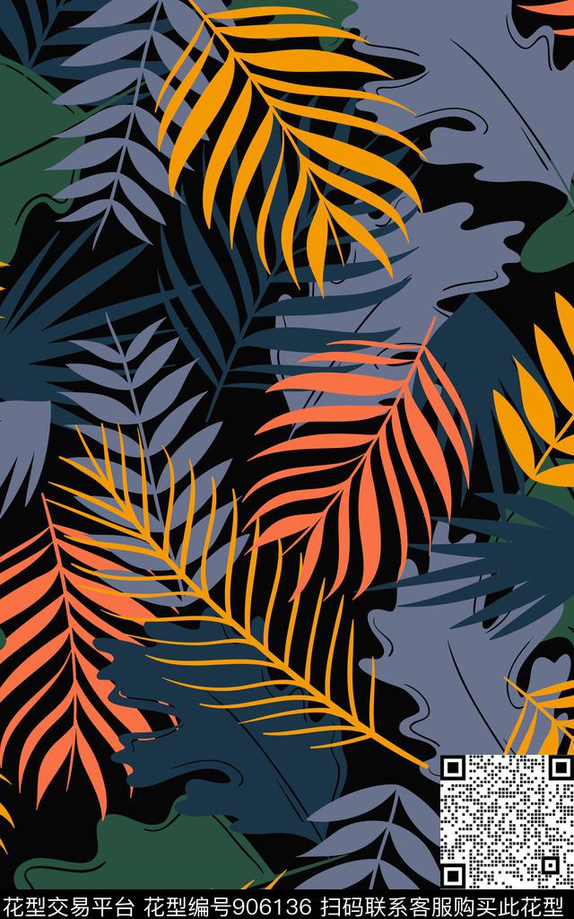 大牌风男装绿植树叶数码印花华亿平台下载（图片编号: 906136） - 瓦栏（Walan）