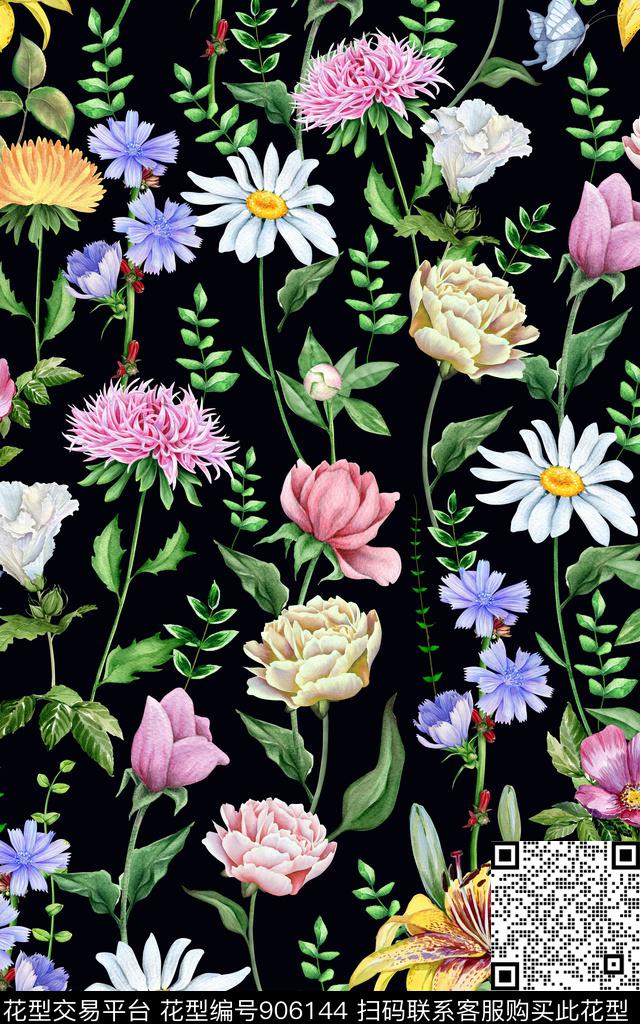 大牌风花卉玫瑰花数码印花华亿平台下载（图片编号: 906144） - 瓦栏（Walan）