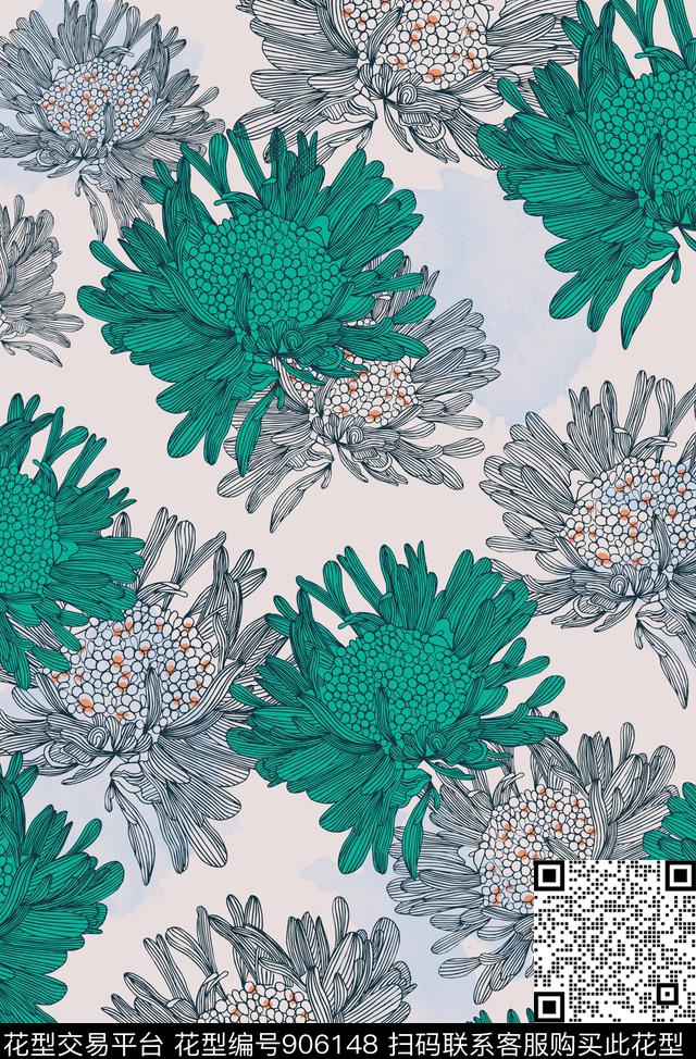 大牌风花卉菊花数码印花华亿平台下载（图片编号: 906148） - 瓦栏（Walan）