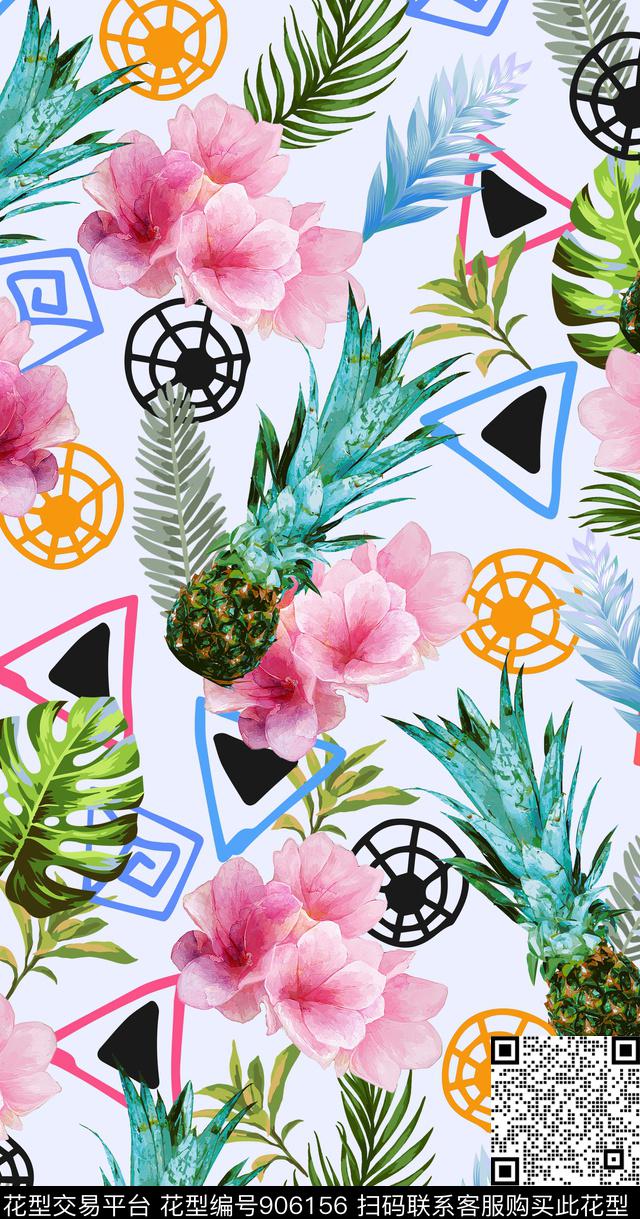 几何花卉植物数码印花华亿平台下载（图片编号: 906156） - 瓦栏（Walan）
