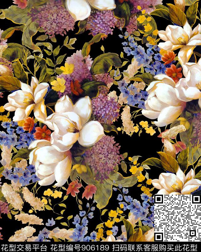 玫瑰花绿植树叶百合数码印花华亿平台下载（图片编号: 906189） - 瓦栏（Walan）