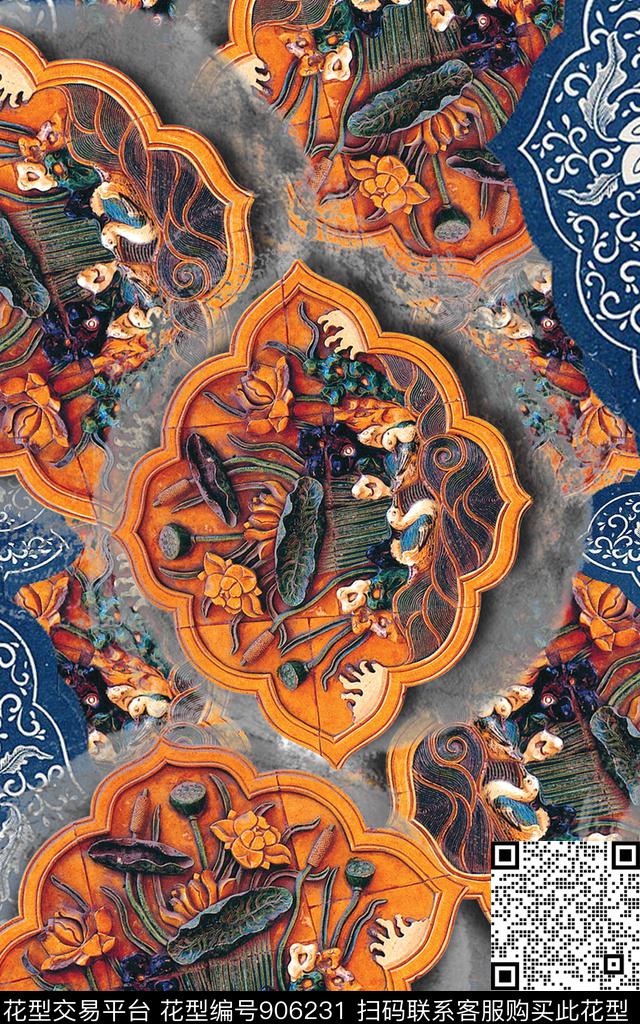 水墨风插画几何传统印花华亿平台下载（图片编号: 906231） - 瓦栏（Walan）