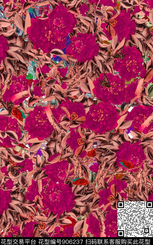 月季花植物水墨风传统印花华亿平台下载（图片编号: 906237） - 瓦栏（Walan）