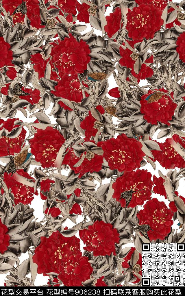 月季花植物水墨风传统印花华亿平台下载（图片编号: 906238） - 瓦栏（Walan）