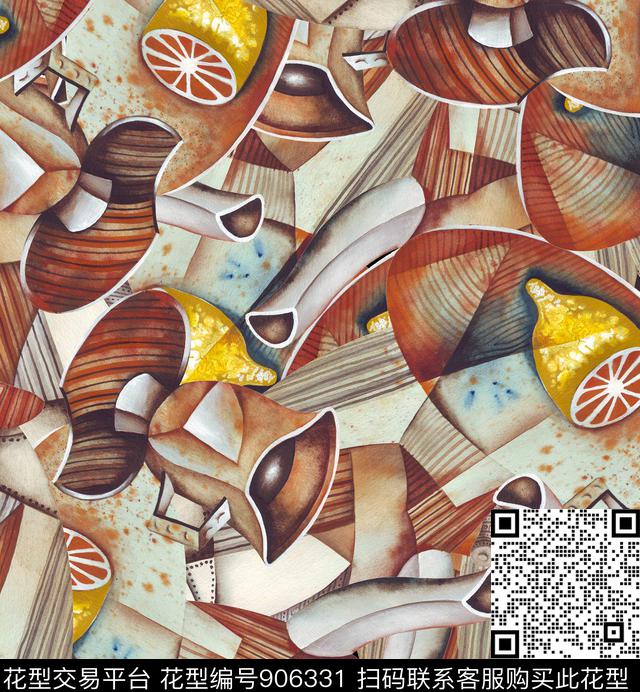 几何抽象花卉柠檬数码印花华亿平台下载（图片编号: 906331） - 瓦栏（Walan）