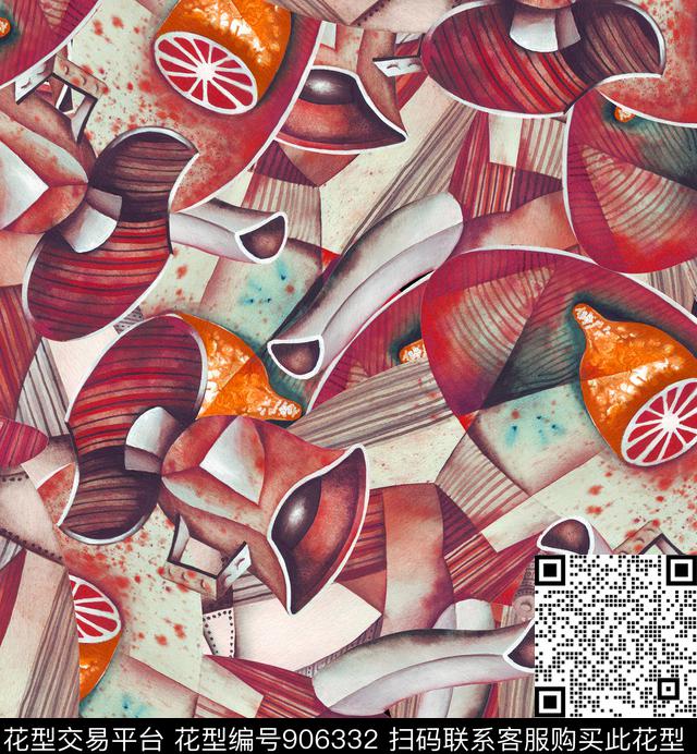 几何抽象花卉柠檬数码印花华亿平台下载（图片编号: 906332） - 瓦栏（Walan）