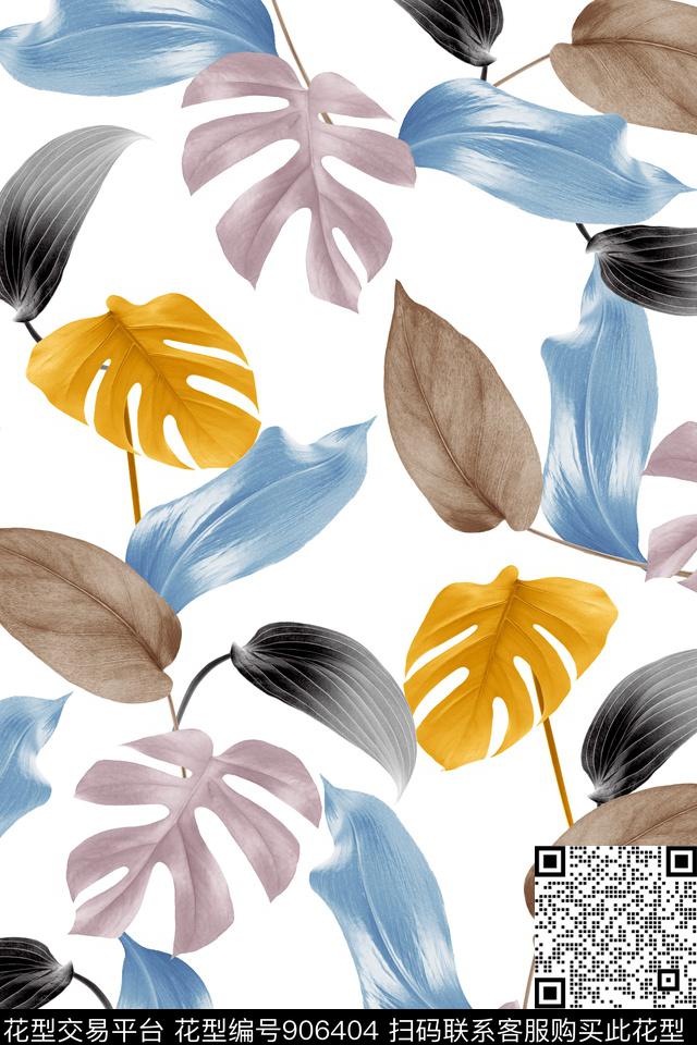 热带绿植树叶龟背竹数码印花华亿平台下载（图片编号: 906404） - 瓦栏（Walan）