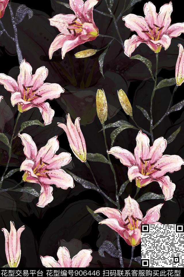 花卉百合大花数码印花华亿平台下载（图片编号: 906446） - 瓦栏（Walan）