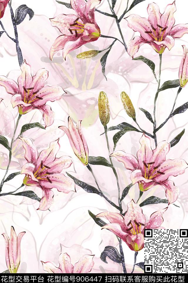 花卉百合大花数码印花华亿平台下载（图片编号: 906447） - 瓦栏（Walan）