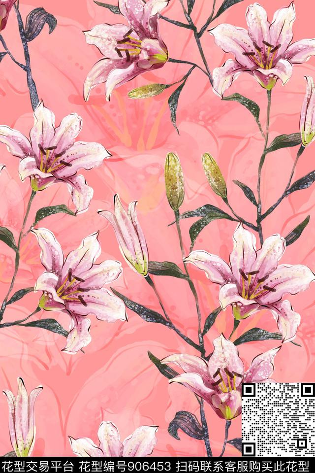 花卉百合大花数码印花华亿平台下载（图片编号: 906453） - 瓦栏（Walan）
