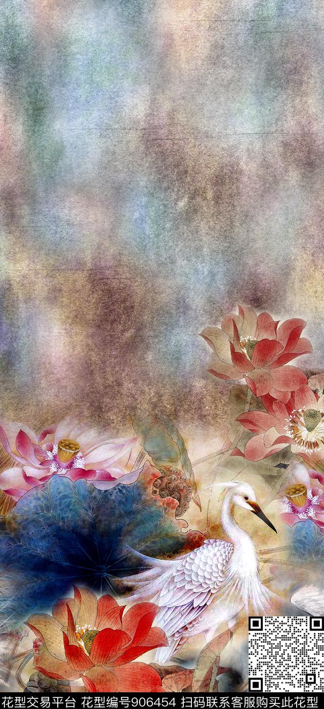 荷花仙鹤复古数码印花华亿平台下载（图片编号: 906454） - 瓦栏（Walan）