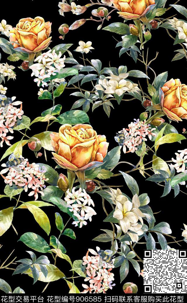 植物花卉玫瑰花数码印花华亿平台下载（图片编号: 906585） - 瓦栏（Walan）
