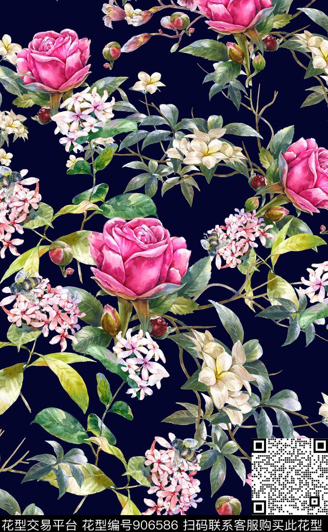 植物花卉玫瑰花数码印花华亿平台下载（图片编号: 906586） - 瓦栏（Walan）