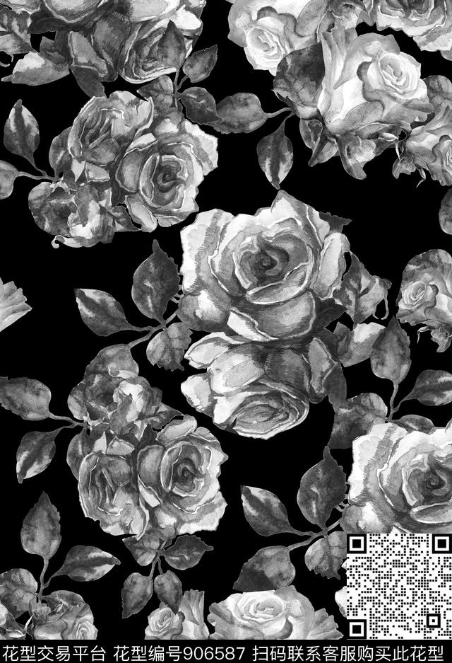 植物花卉玫瑰花数码印花华亿平台下载（图片编号: 906587） - 瓦栏（Walan）