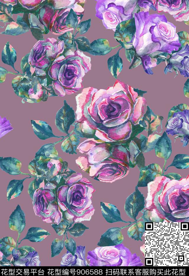 植物花卉玫瑰花数码印花华亿平台下载（图片编号: 906588） - 瓦栏（Walan）
