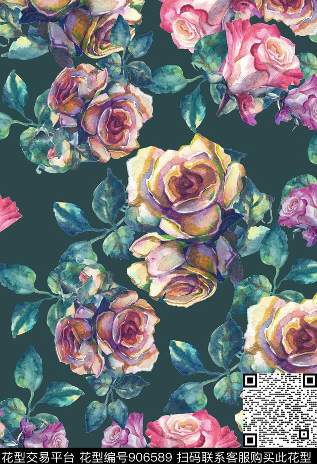 植物花卉玫瑰花数码印花华亿平台下载（图片编号: 906589） - 瓦栏（Walan）