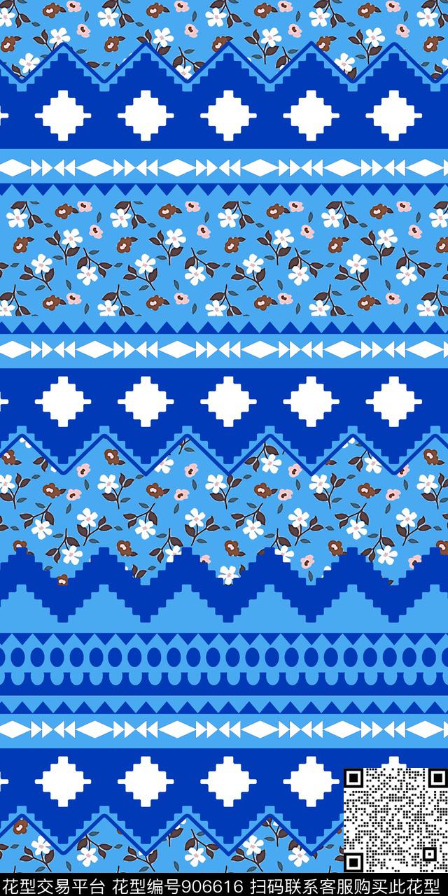 几何花卉定位花传统印花华亿平台下载（图片编号: 906616） - 瓦栏（Walan）