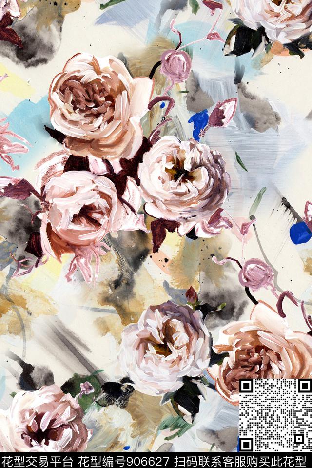 素雅手绘花卉油画华亿平台数码印花华亿平台下载（图片编号: 906627） - 瓦栏（Walan）