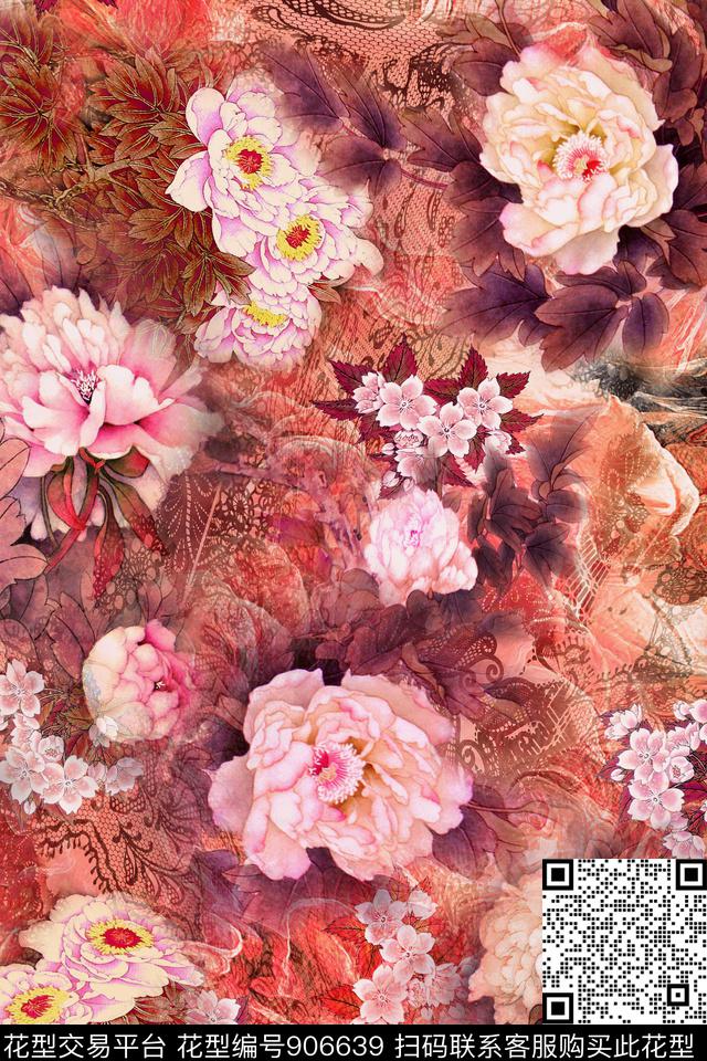 花卉中国风牡丹数码印花华亿平台下载（图片编号: 906639） - 瓦栏（Walan）